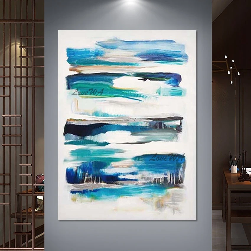 

Modern Wall Painting Art White Blue Acrylic Texture Simple Abstract Artwork Unframed Handmade Picture Canvas Roll For Paintings