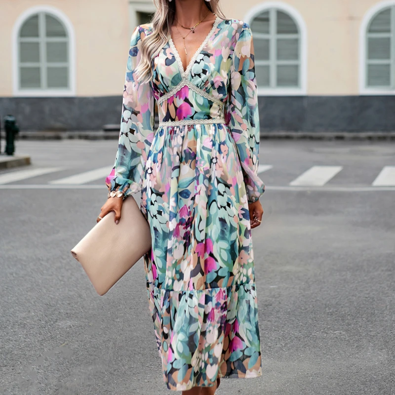 

Dress Feminine V-neck Printed Ruffle Edge Pleated Long Sleeve Dress Vacation Casual Long Dress летнее платье больших размеров