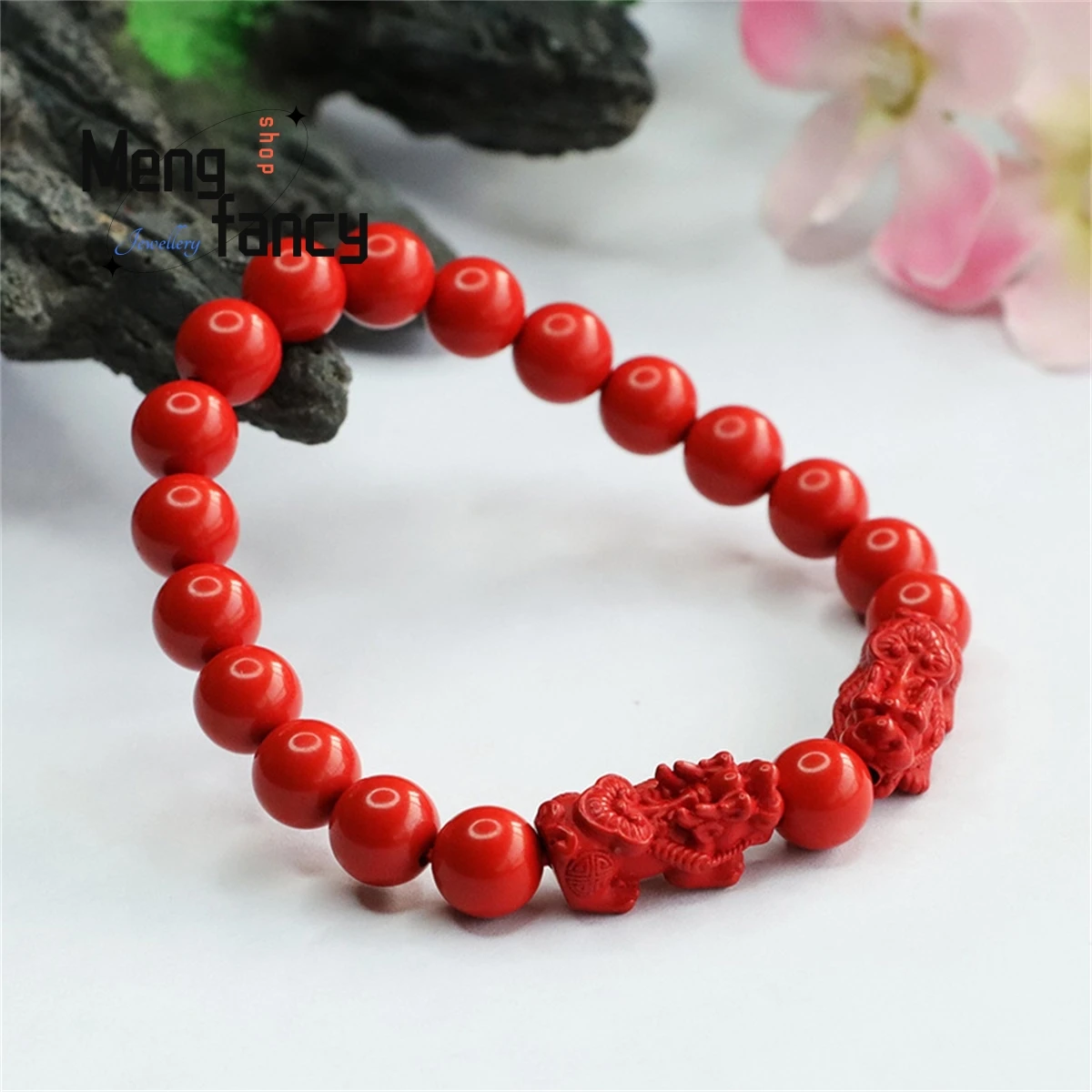 

Natural Cinnabar Double Pixiu Beads Bracelet Simple Generous Personality Retro National Style Men Women Amulet Mascot Fine Gift