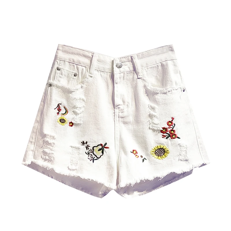2023 New Summer Embroidered Biker Denim Shorts Womens Clothing High Waist Large Size Slim A-line Wide Leg Hot Shorts Pants AC318