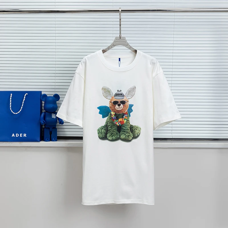 

Cartoon Bear with Black Glasses Print High Quality Men Women Ader Error White T-shirt