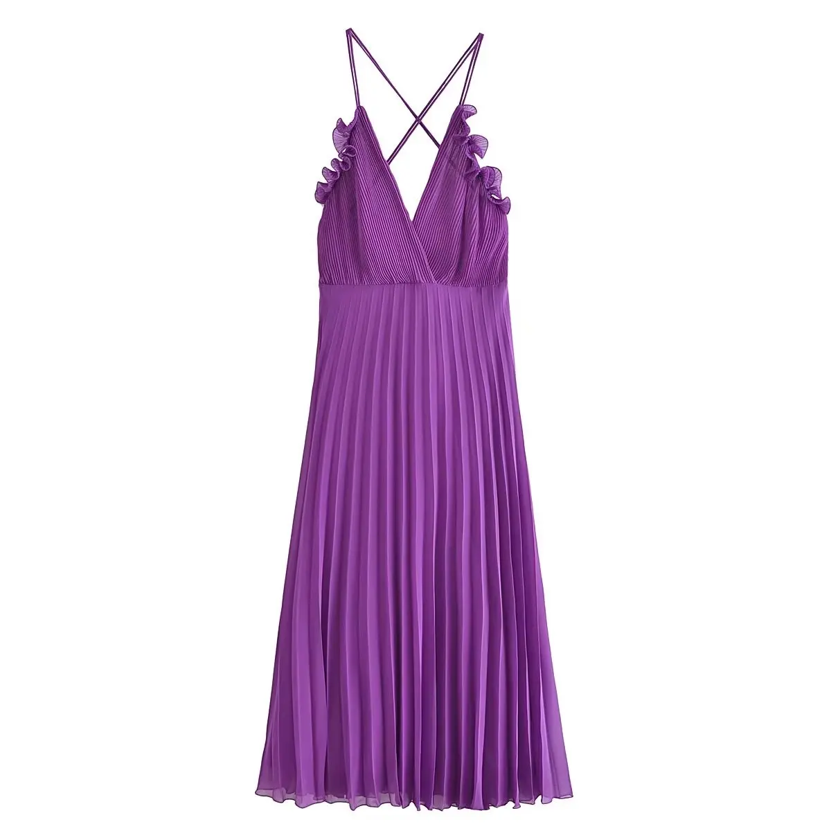 

Women 2023 New Chic Fashion Laminated Decorative Small Pleated Underwear Type Midi Dress Vintage Backles Female Dresses Mujer