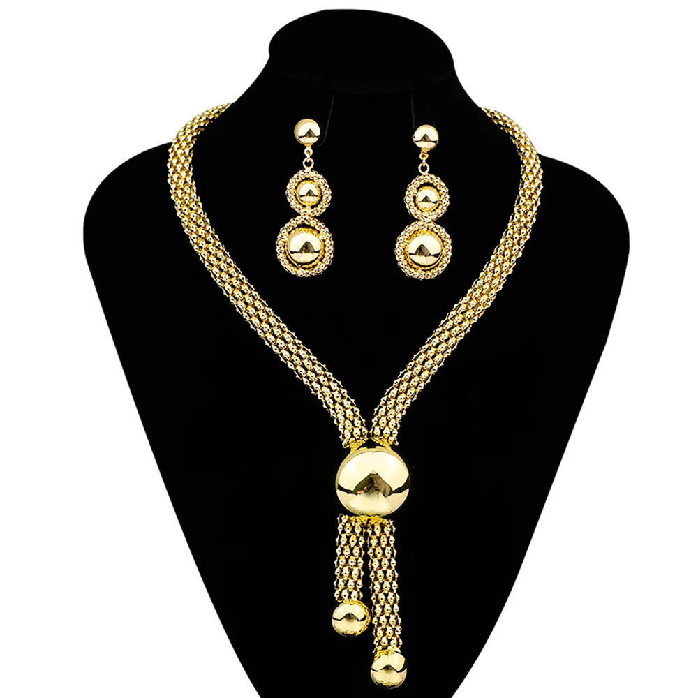 

African Gold Color Fine Jewelry Women's Necklace Earrings Set Geometric Spherical Design Fashion Classic Style Wedding Party