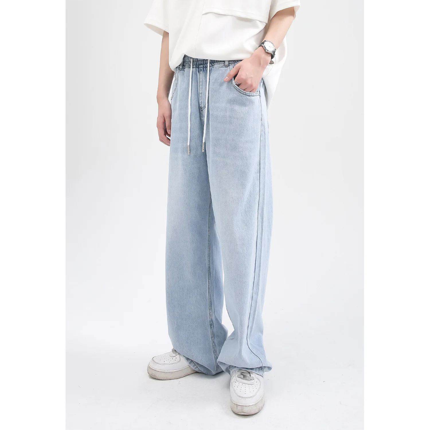 Four Seasons Men's Pants Simple Solid Color Elastic Waist Casual Loose Straight Blue Jeans Men's Hip Hop Street Style Clothing