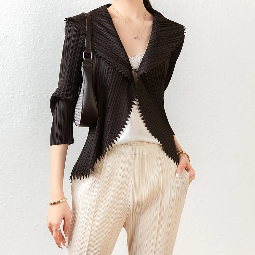 

Miyake Pleated Single Button Jackets 2022 Autumn New Niche Designer Female Women's Causal Cardigan Coat