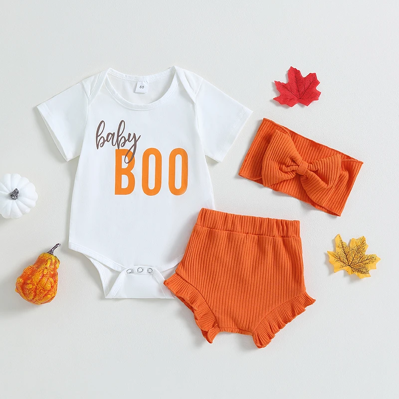 

Baby Girls Halloween Clothes Set Letter Print Short Sleeve Romper and Elastic Ribbed Ruffled Shorts Headband 3Pcs Outfits 0-18M