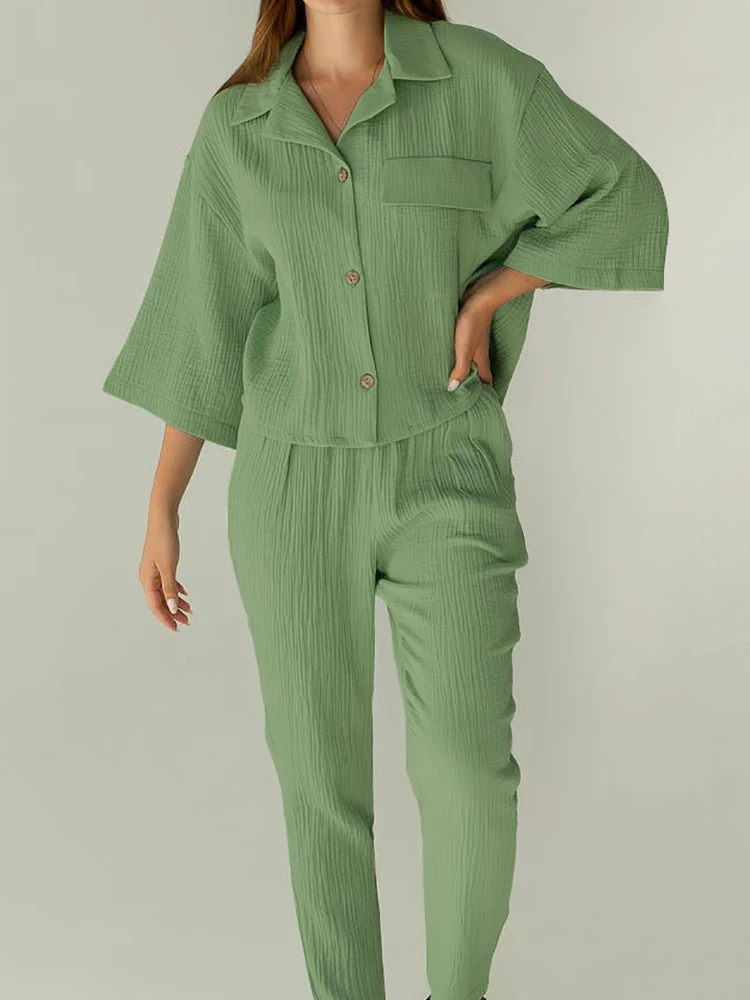 

Linad Cotton Women's Home Clothes 2 Piece Sets Green Three Quarter Sleeve Pajamas Female Trouser Suits Summer Casual Sleepwear