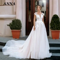 anna beauty wedding dress 2022 bohemia o neck tulle beach party gown elegant short sleeve applique vestido de noiva women skirt