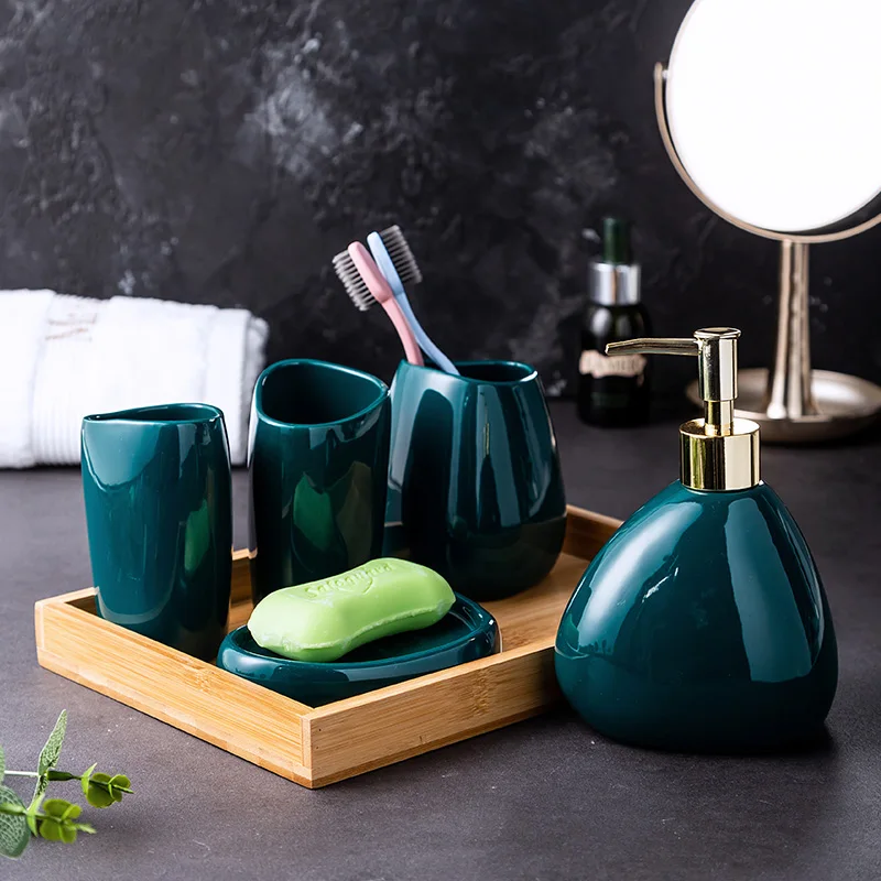 

Green Set Lotion Cup Soap Ceramic Bottle Bathroom Tray Bathroom 5-piece Set Dish Supplies Wood Mouth Toothbrush Cup Bathroom