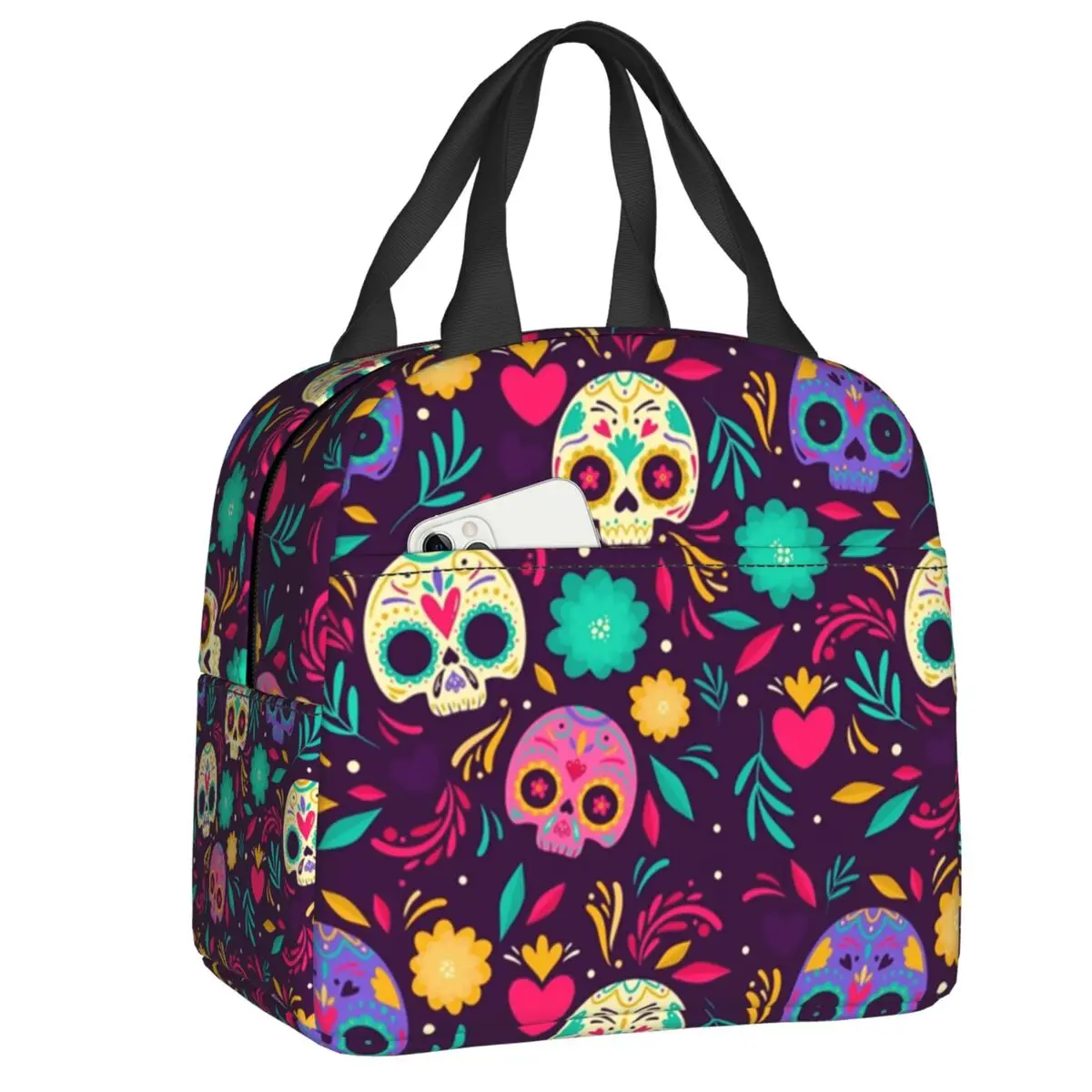 

Изолированная сумка для обеда Dia De Los Death для женщин, водонепроницаемый термоохладитель с мексиканским сахарным черепом, подходит для офиса, ...