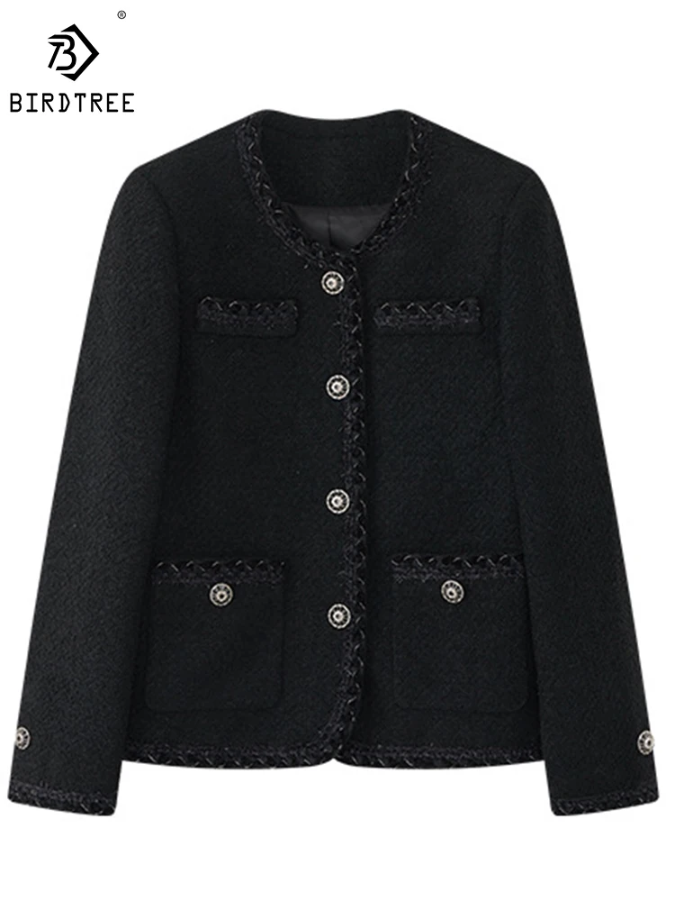 

Женское твидовое пальто с круглым вырезом Birdtree, черное пальто из 50% овечьей шерсти в стиле знаменитостей на осень/зиму, C39416QD