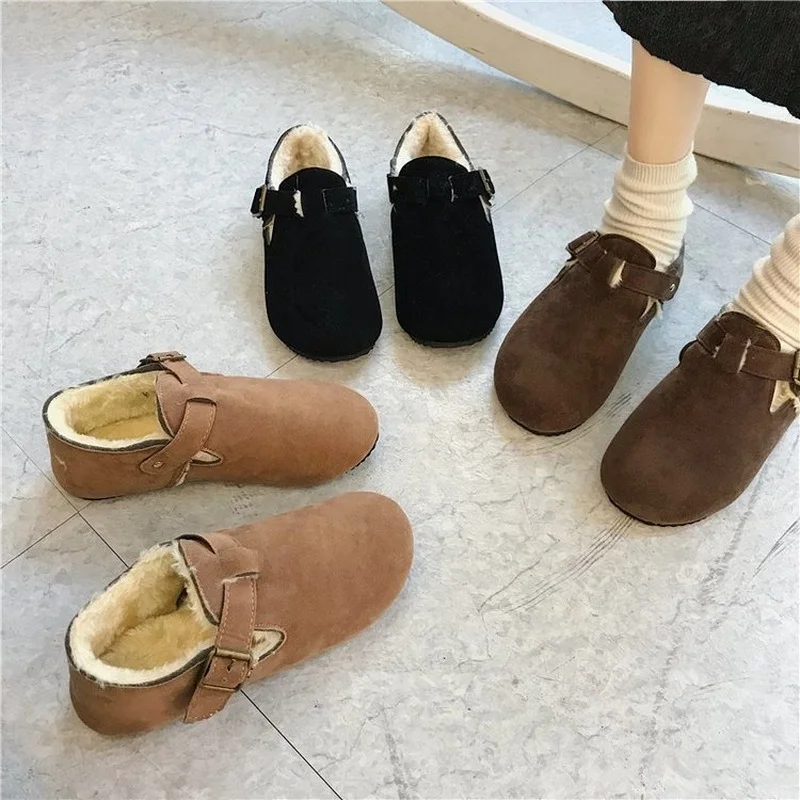 

Женские хлопковые туфли Baotou с закрытым носком, зимняя модная теплая шерстяная обувь с пряжкой, женские уличные плюшевые домашние туфли для ...