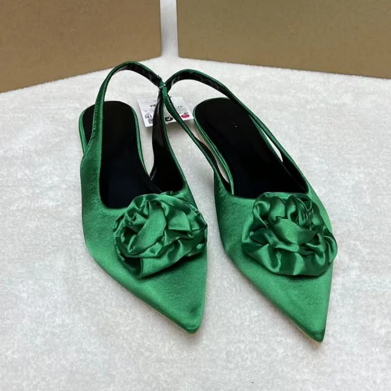 Flower Women Shoes for Party Retro Silk Flat Bottom Pointed Toe Fashion Slip-on Female Footwear 2023 Summer Ladies Sandals
