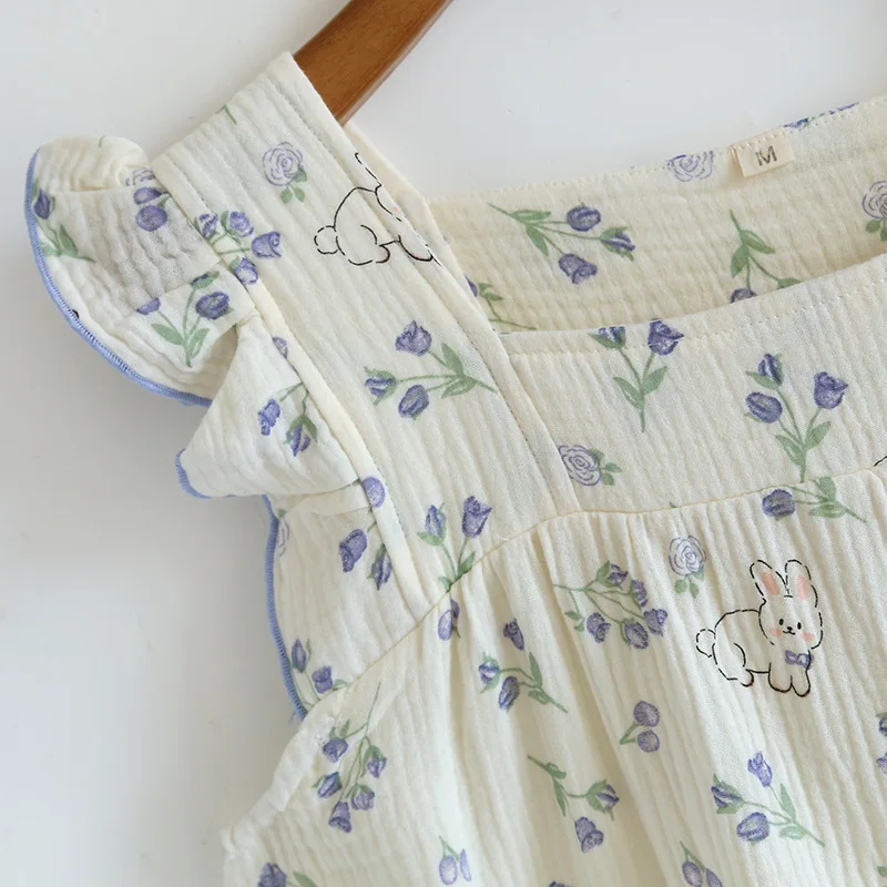 2023 Summer New Women's Sleeping Dress 100% Cotton Crepe Women's Tank Top Dress Cute Sweet Slim Slim Loose Size Home Dress