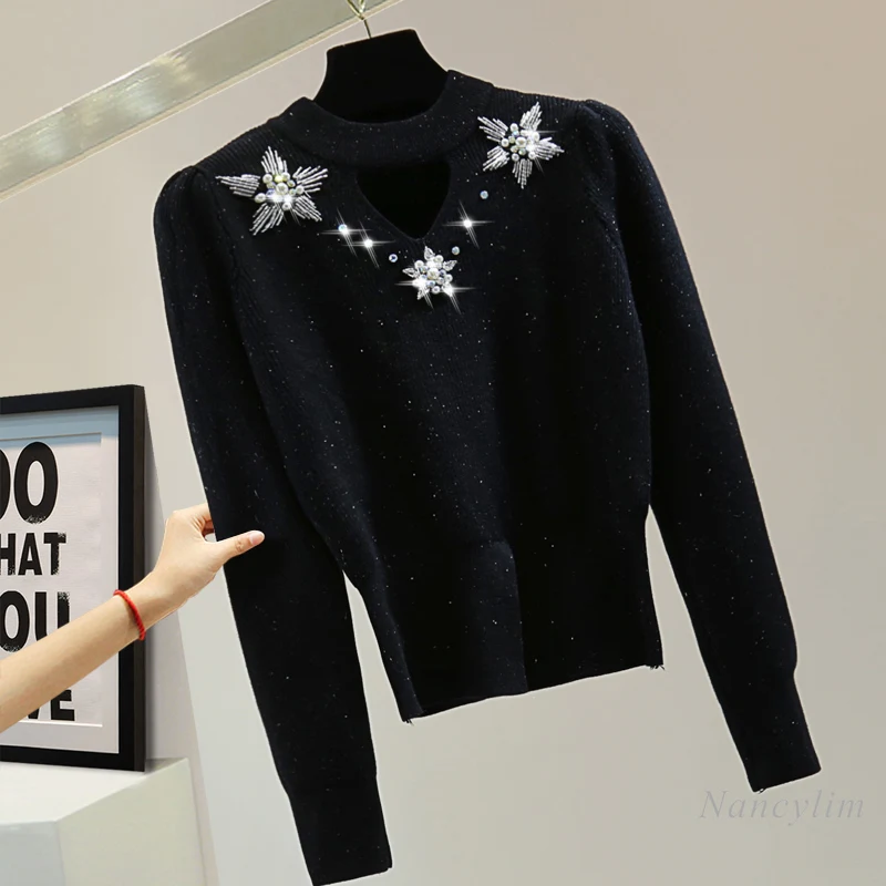 Полуводолазка с ромбовидными бусинами пуловер вязаный свитер женский зимний