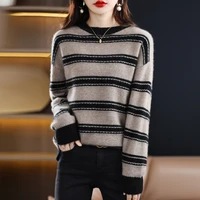 autumn and winter new striped round neck pure wool long sleeved knitted sweater womens fashion temperament all match top