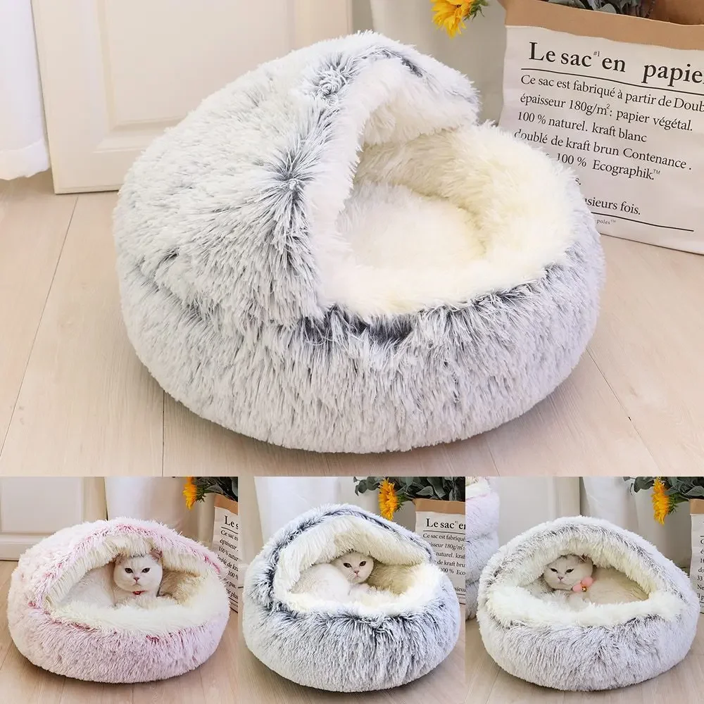 

Soft Long Plush Pet Cat Bed Round Cat Cushion House Warm Cat Basket Cat Sleep Bag Cat Nest Kennel 2 in 1 for Small Dogs Cats