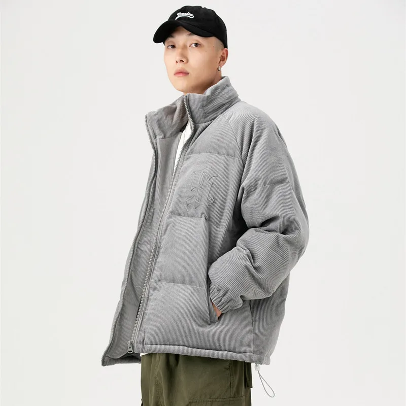 Rainbowtouches Gray White Corduroy Couple Parkas Down Jackets Winter Warm Thicken Coat Harajuku Solid Color Japanese Jacket Mens