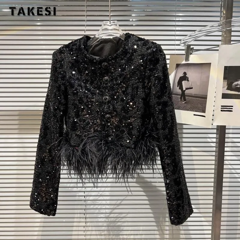 

Korean Luxury Style Single Breasted Round Neck Patchwork Jacket 2023 Autumn Winter Women Outwear Casual Fashion Loose Warm Coat