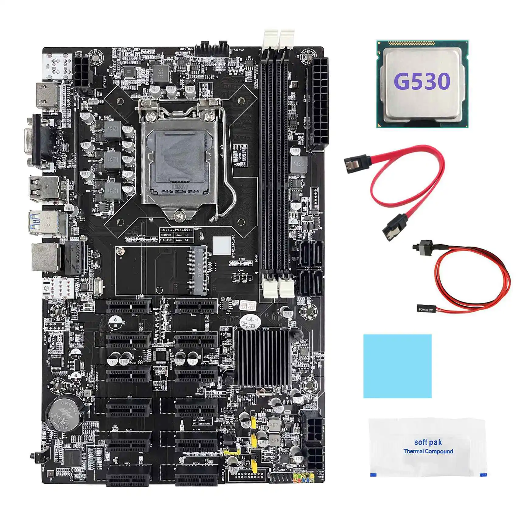 B75 12 PCIE BTC Mining Motherboard+G530 CPU+SATA Cable+Switch Cable+Thermal Grease+Thermal Pad ETH Miner Motherboard