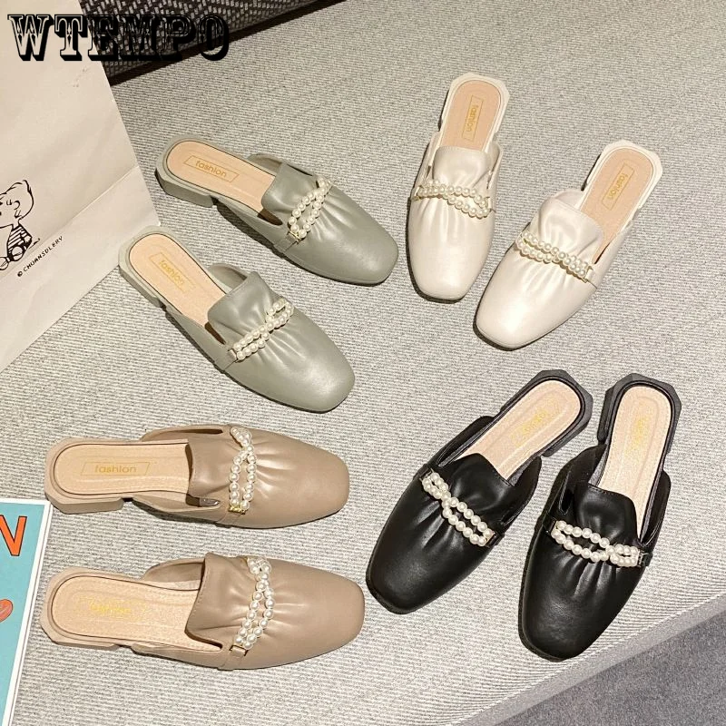 WTEMPO Leather Sandals Summer Women Casual Slippers Fashion Wear Single Shoes Girl Pearl Square Heel Half Slippers Dropshipping