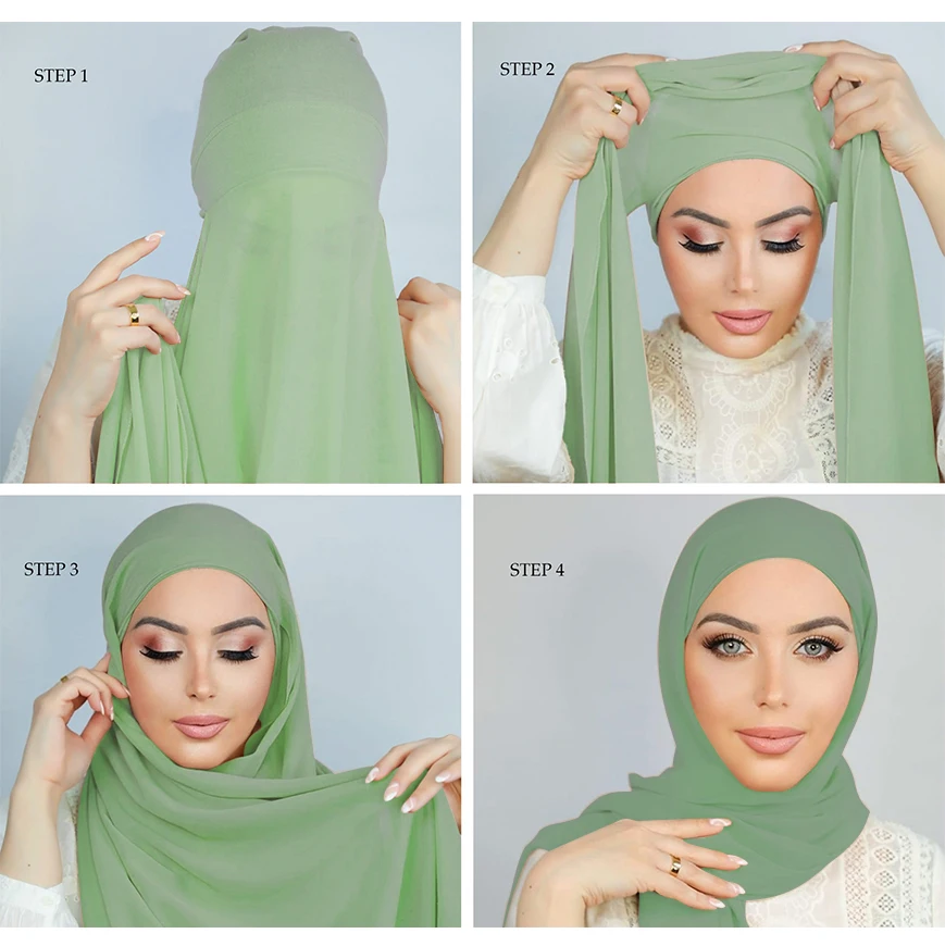 Foulard Hijab Instantané en Mousseline de Soie pour Femme Musulmane  Écharpe sans Broches  Bonnets