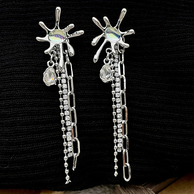 

925 Silver Needle Long Tassel Chain Rhinestone Moonstone Earrings For Women Design Zircon Fashion New Style Jewelry Wholesale