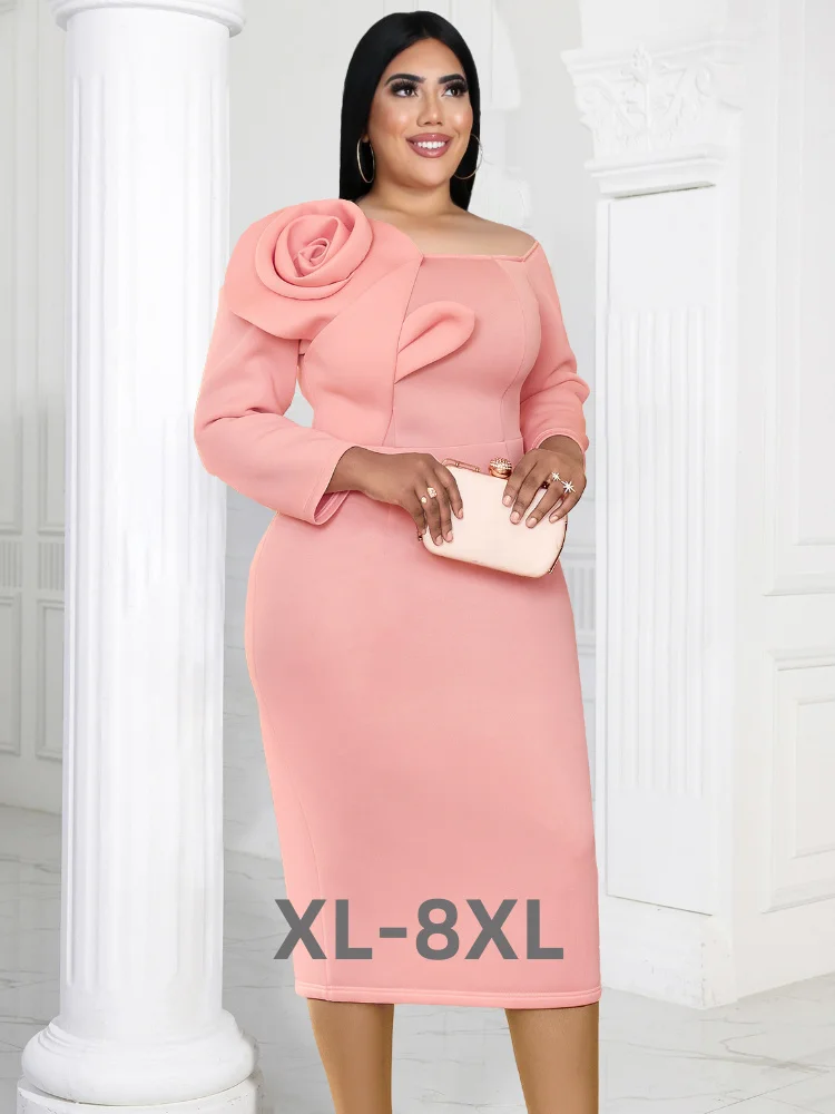 

Plus Size Cold Shoulder Dresses Pink Wrist Sleeve Flower Bodycon Large Size Women Evening Event Party Midi Gown 3xl 4xl 5xl 6xl