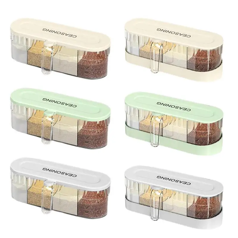 

4 Grids Condiment Storage Container Rack Seasoning Box Spice Jar With Lid Kitchen Organizer Storage Set Jars Pots Accessories