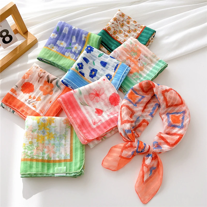 

Хлопковый льняной квадратный шарф, шейный платок в полоску с цветочным принтом, маленькие платки, Офисная Женская повязка на голову и шею, 55 х55 см