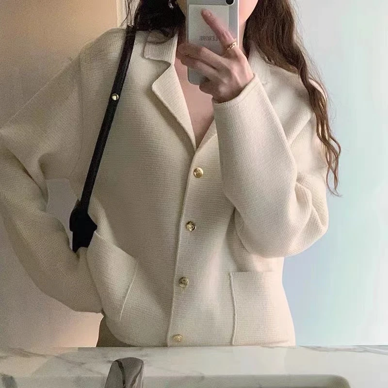 Осень-зима 2024 новый вязаный жакет-кардиган костюмный воротник однобортный