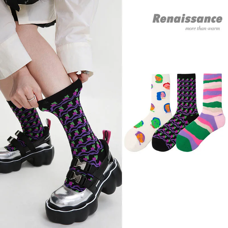 WYXCEN 3 Pairs/Set Original Renaissance Socks Rainbow Striped Casual Women's Socks Combed Cotton Personality Graffiti Socks