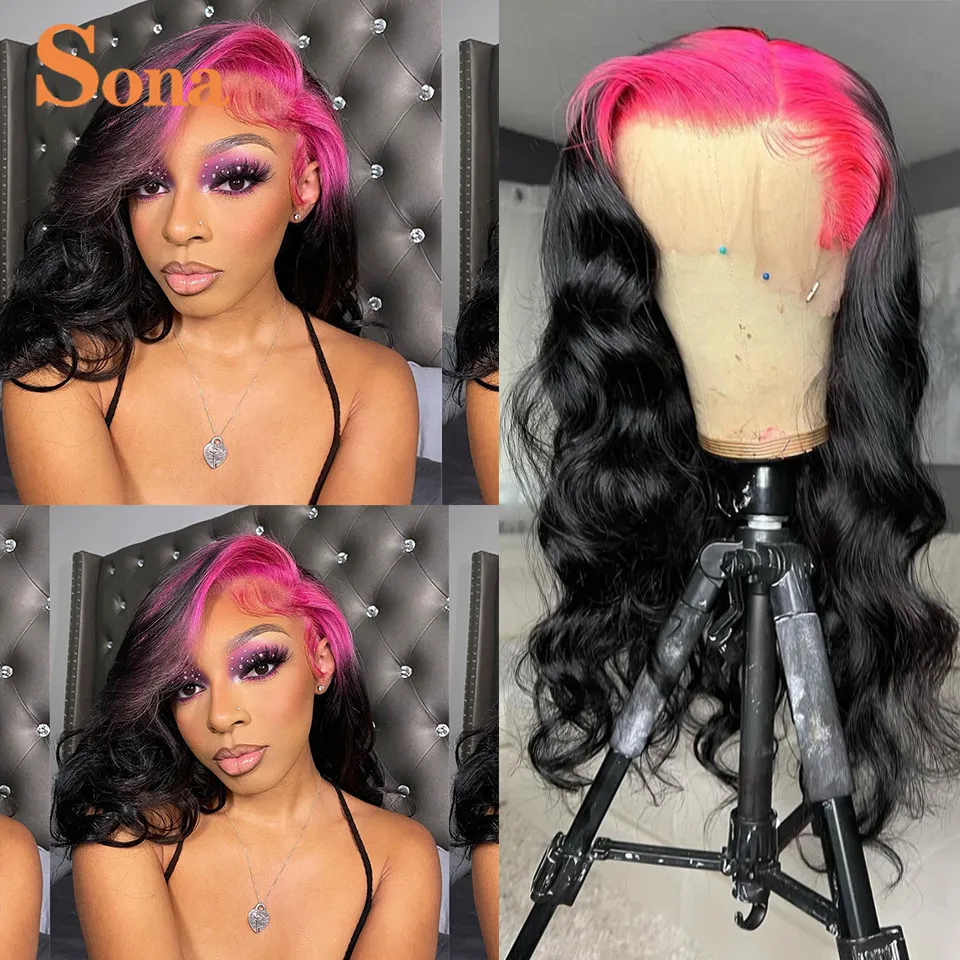 Hot Pink Roots Black Color Wig 13X4 Lace Front Wig Human Hair Ombre Red Blue Green Purple Lace Frontal Wig For Women Wavy