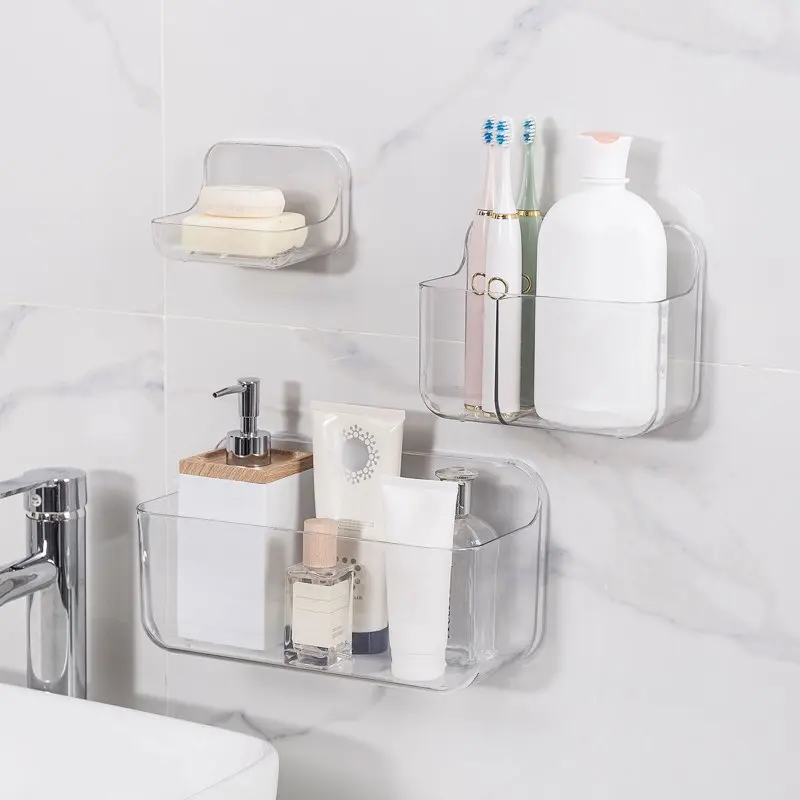 

Pack Shower Caddy,Soap Holder and Toothbrush Holder,No Drilling Plastic Bathroom Organizer,Clear