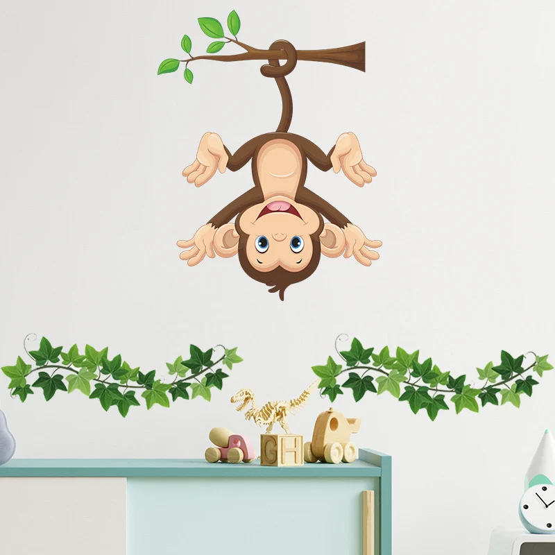 Милый обезьянка на ветке дерева с зелеными листьями настенные наклейки для дома и двери, декорация для детского парка, художественный постер, мурал.