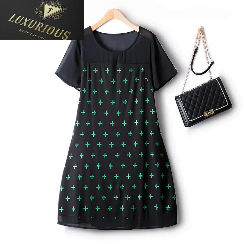 

Elegant Dresses For Women 2024 New European Station Contrast Color Printed Chiffon Hollow Stitching A-line Slim Summer Dress 4XL