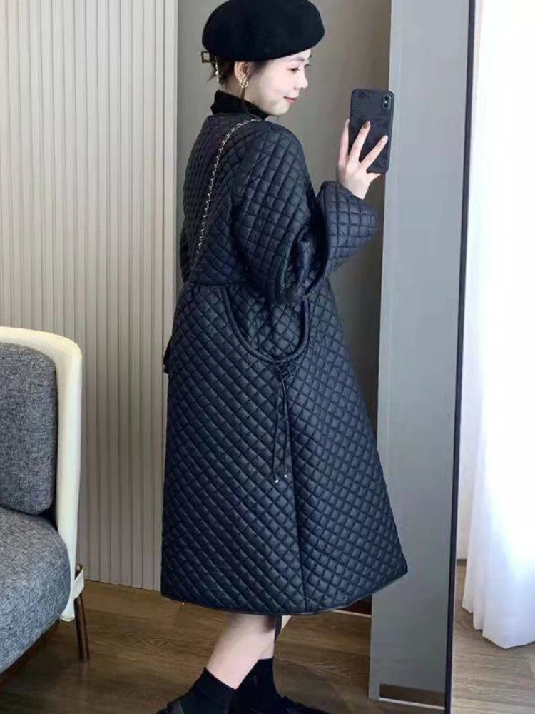 Women's Winter Jacket Jackets for Women 2023 Super Hot Long Coat Black Loose O-neck Warm Plaid Top Casual Quilted Coats Female