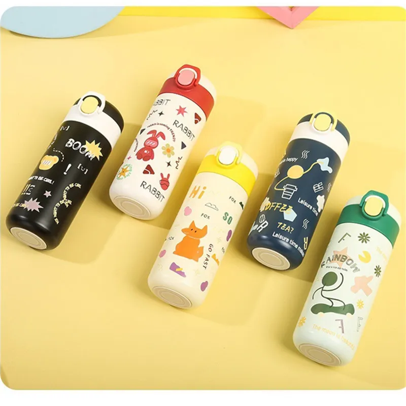 

480ML Mini Stainless Steel Thermos Cup Bounce Cover Children's Straight Drink Portable Drinking Water Cartoon