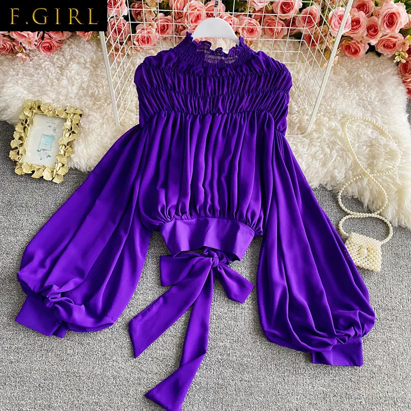 

F GIRLS Vintage Court Style Draped Blouse Women Slim Fit Lantern Long Sleeve Pullover Blusas Spring 2022 New Solid Shirt Femme