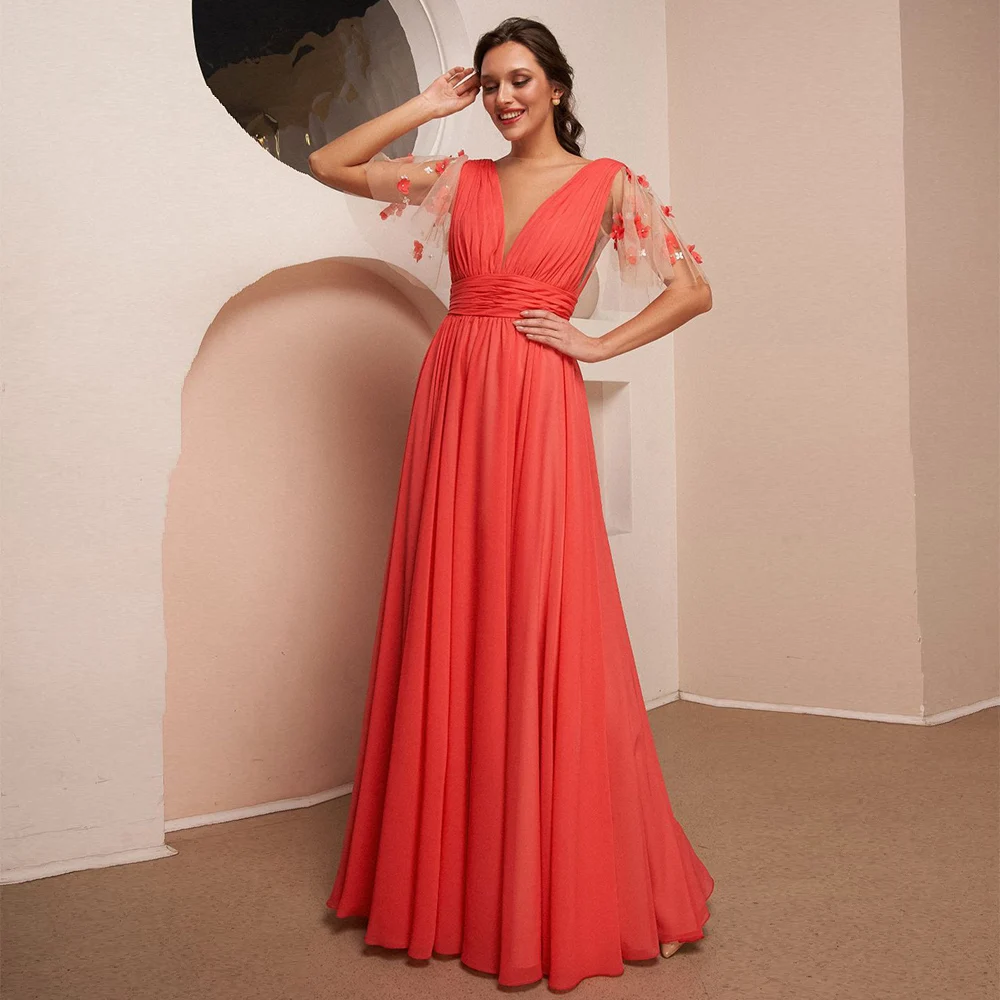 

EAEOVNI Orange Red Evening Dress A Line V Neck Flowers Illusion Tull Sleeves Greek Style Evening Gown Floor Length Party Dress
