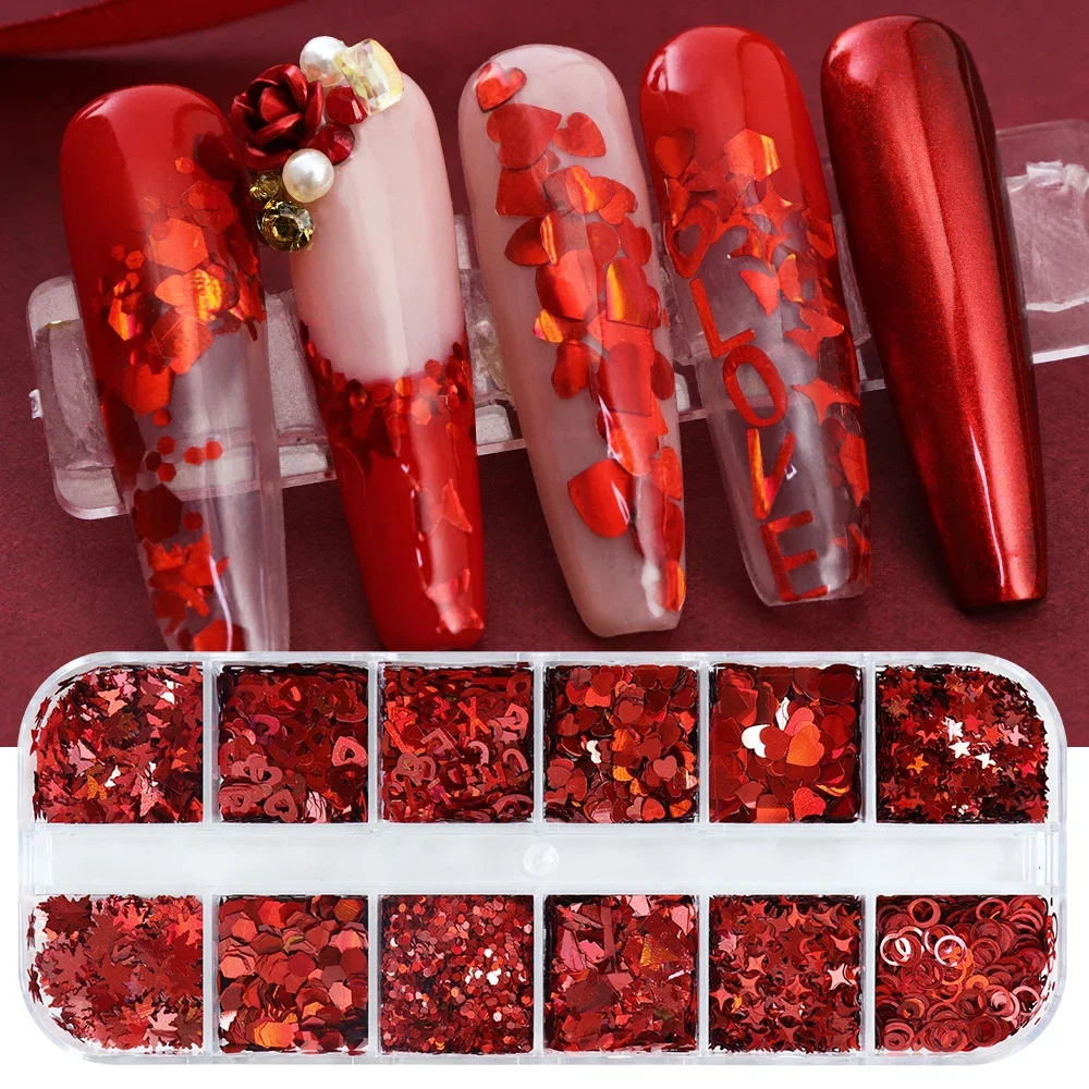 Голографические Красные Блестки для дизайна ногтей хлопья День Святого