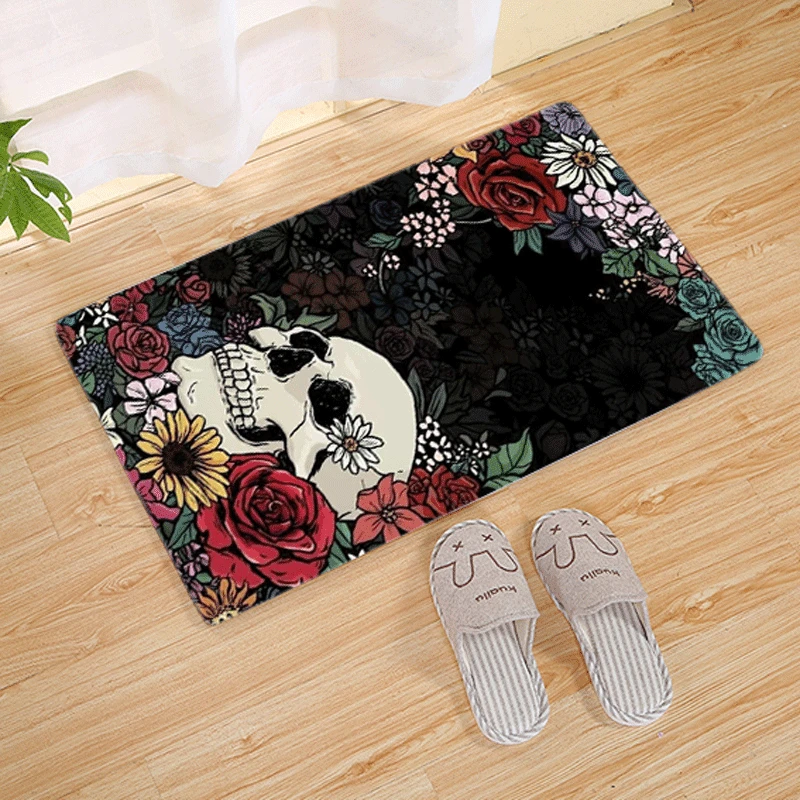 

Flower Skull Bedroom Kitchen Rug Halloween Decor Living Room Carpet Skulls Print Toilet Bathroom Shower Mat Entrance Doormat