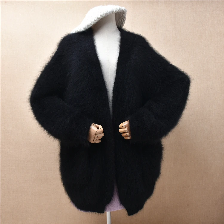 

Female Women Fall Winter Black Hairy Mink Cashmere Knitted Long Sleeves Loose Cardigans Mantle Angora Fur Jacket Coat Sweater