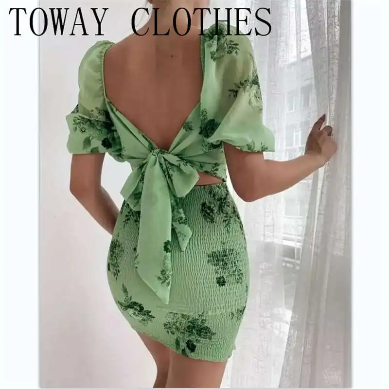 

Dress For Women 2022 Puff Sleeve Floral Print Cutout Shirred Ruched Dress Vestidos Elegantes Para Mujer