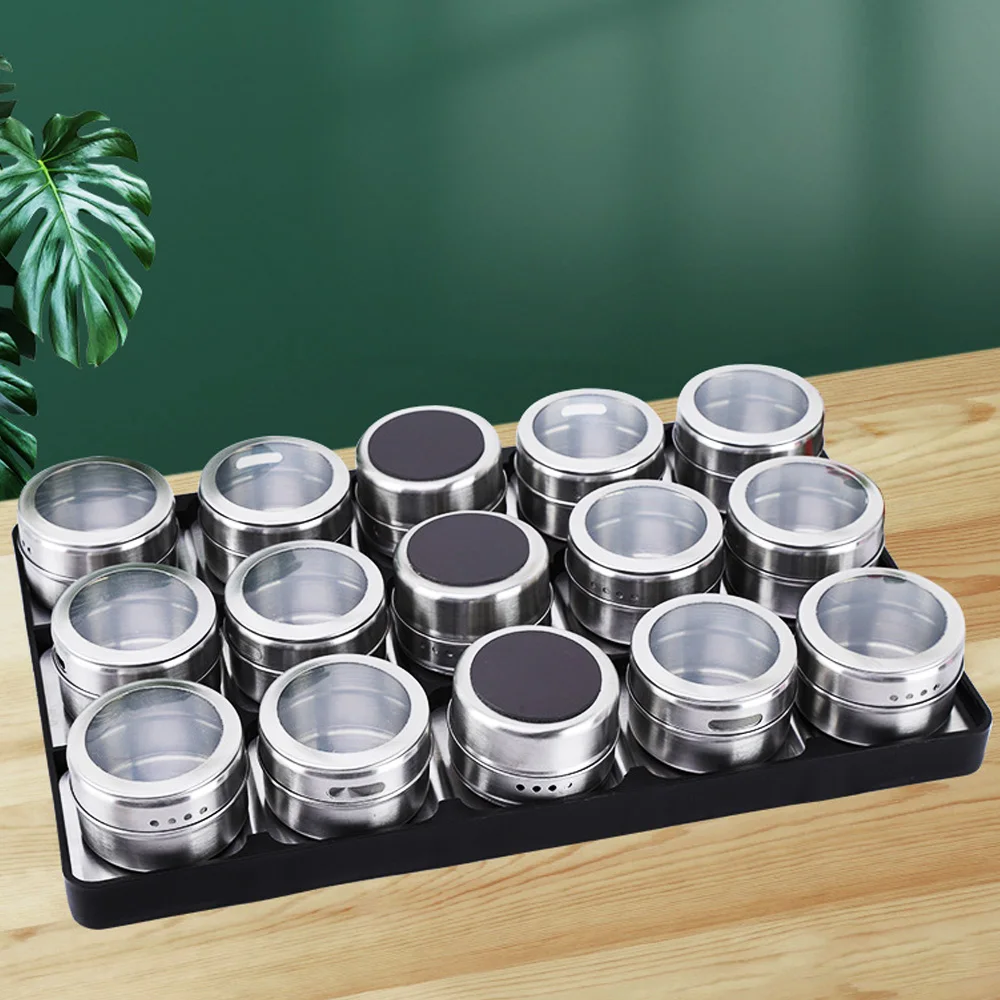 

Magnetic Dustproof Visible Stainless Steel Spice Jars Epper Sprayer Organizer BBQ Seasoning Box Set Condiment Dispenser