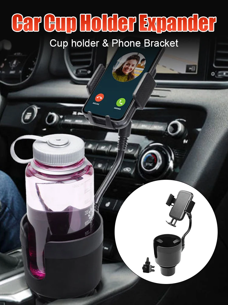 

Car Cup Holder Expander with Phone Holder Adjustable Base for Hydro Flask 32/40oz Yeti 20/26/30oz Ramblers 4"-7.2" Mobile Phones