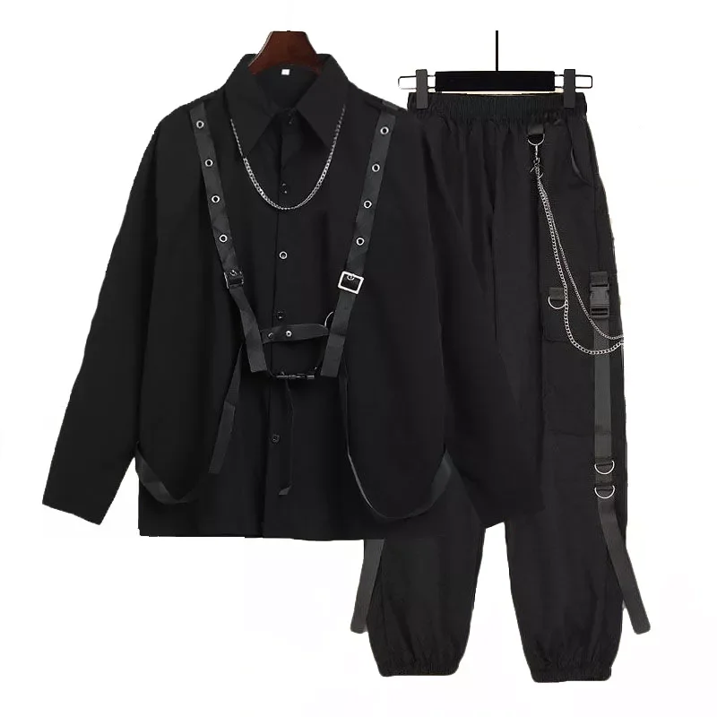 

New2022 Autumn Bandage Chain Shirt Loose Cargo Pants Women Casual Long-Sleeved Solid Black Hip Hop 2 Piece Set Pants