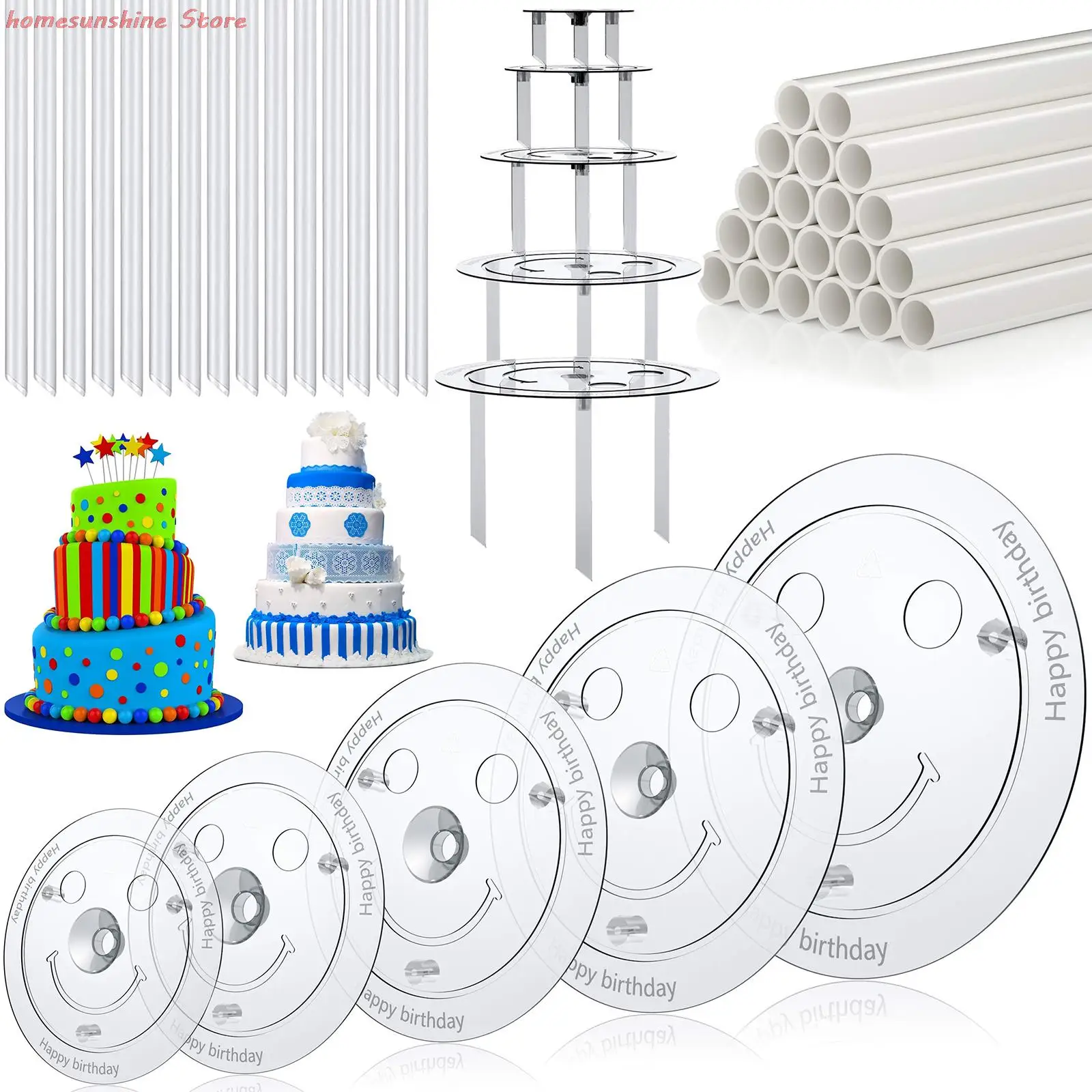 

Brand New Durable 5 Tier Cake Separator Plates 35Pcs Cake Sticks Support Cake Dowel Rods Clear Tie Hot