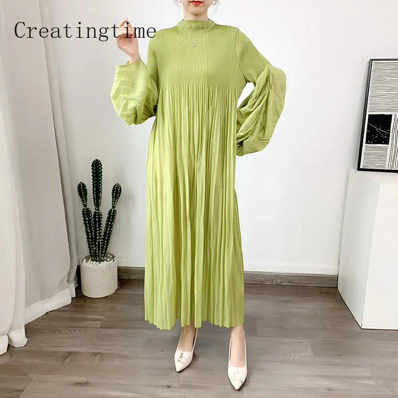 Solid Color Pleated Puff Sleeve Long Dress For Women 2023 Summer New Stand Collar Loose High Waist Fashion Female Dresses 1A691