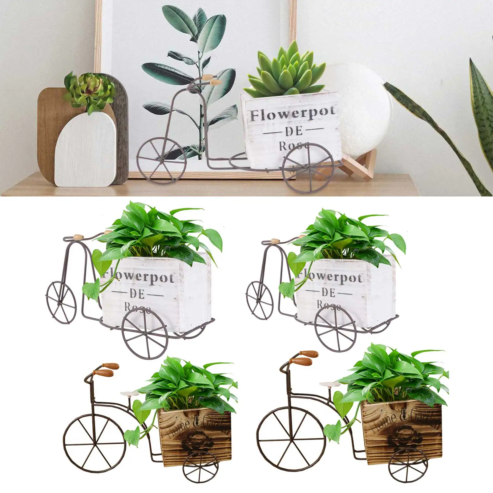 

Gardening Bicycle Flower Pot Antique Wooden Flowerpot Movable Iron-wheel Flower Containers For Home Yard Garden Decoration